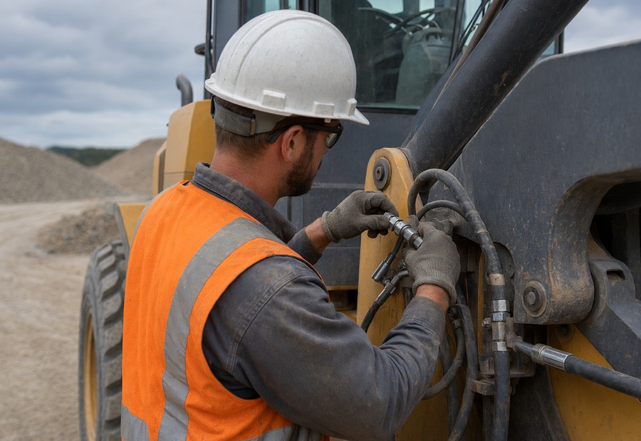 Laney crew member wearing a hard hat and high-visibility gear on an active job site