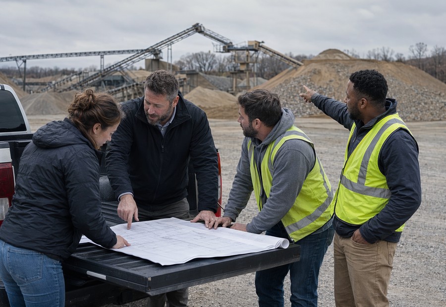 Laney Corporation leadership and field team reviewing plans at a materials yard