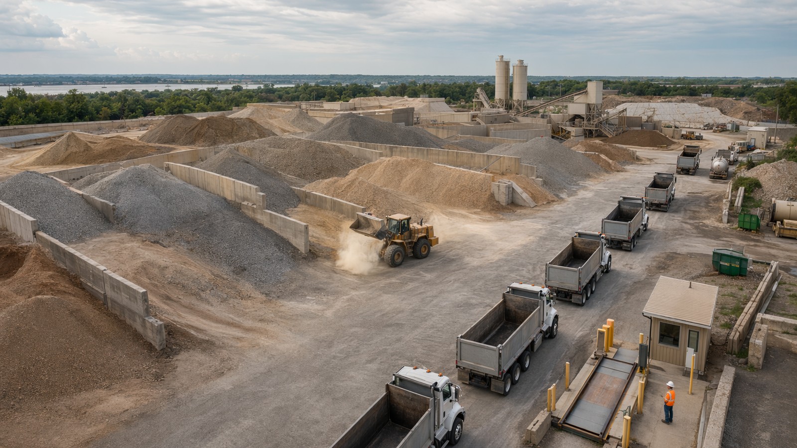 Aerial view of a Laney family construction-materials facility with stockpiled aggregate and trucks staged for dispatch