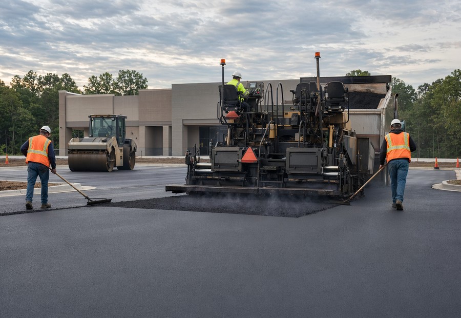 Asphalt paving crew finishing a commercial parking lot