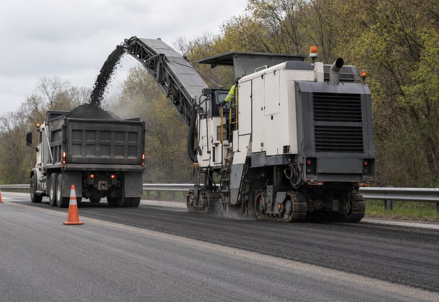 Road reclamation equipment milling an asphalt roadway