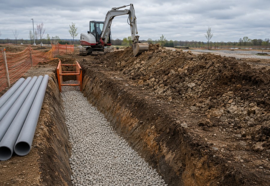 Utility trench with stone bedding material ready for backfill