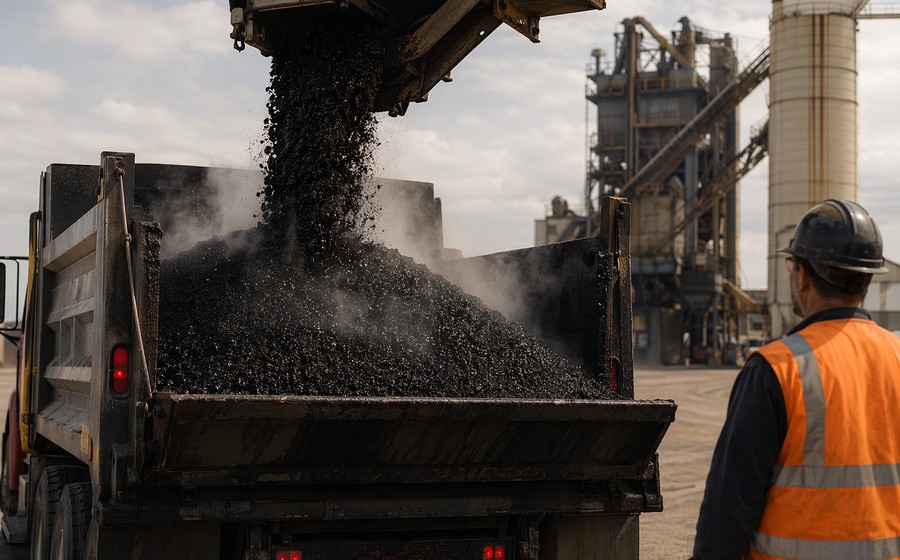 Hot mix asphalt being loaded for delivery to a paving job