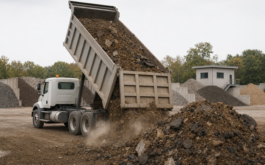 Construction spoils being unloaded at a materials disposal yard