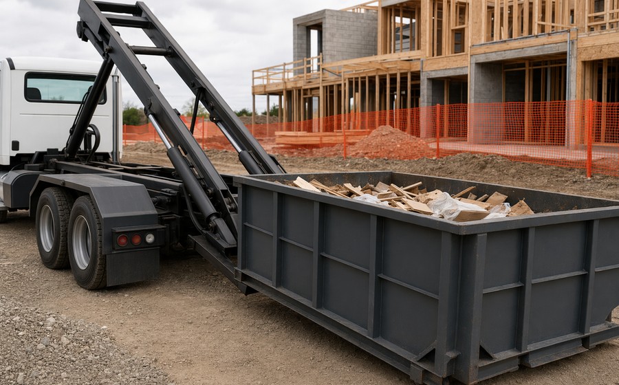 Roll-off dumpster staged at a construction site for debris removal